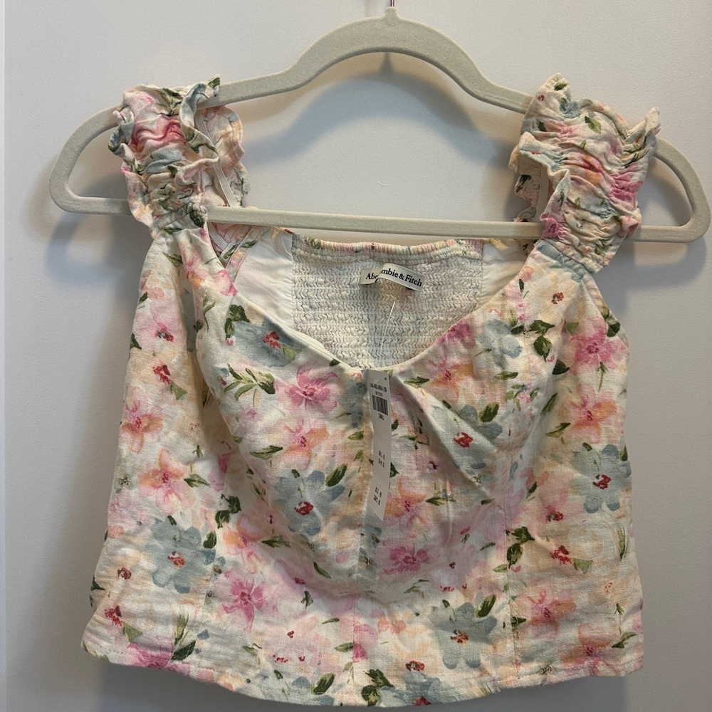 NWT Abercrombie & Fitch Pink White Floral Sleeveless Ruched Blouse Small